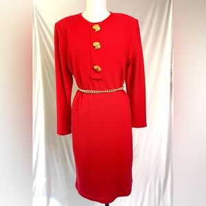 Vintage Roberta Pinto Red Knit Midi Dress‎ with h gold + Rhinestone Jaguars